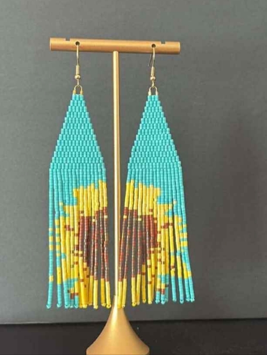 Jewelry - Handmade Turquoise & Yellow Seed Bead Sunflower Fringe Earrings
